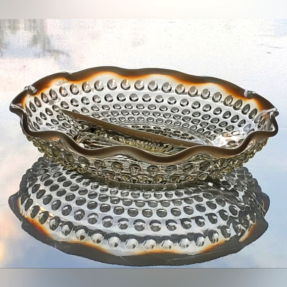 1940s Vntg "Moonstone" Opalescent Hobnail 7 1/2" 2 Part Dish by Anchor Hocking - Picture 2 of 11